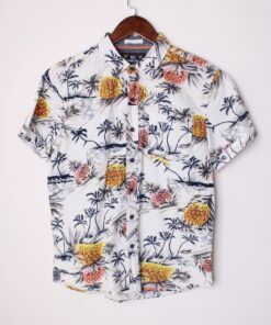 پیراهن هاوایی سفید طوسی طرح گل مدل 61663